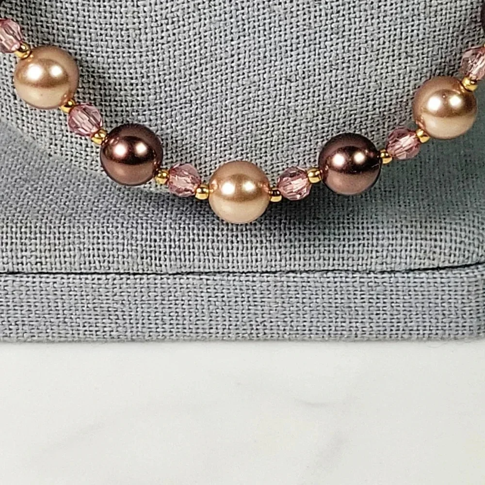 Roman Beaded Necklace Set Of 2  Signed Floating Faux Pearl Gray Peach Pi…